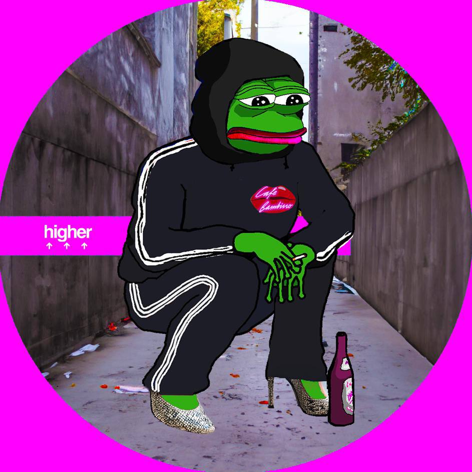 Meme of Pepe the frog smoking in an alley, wearing a Café Bambino hoodie.